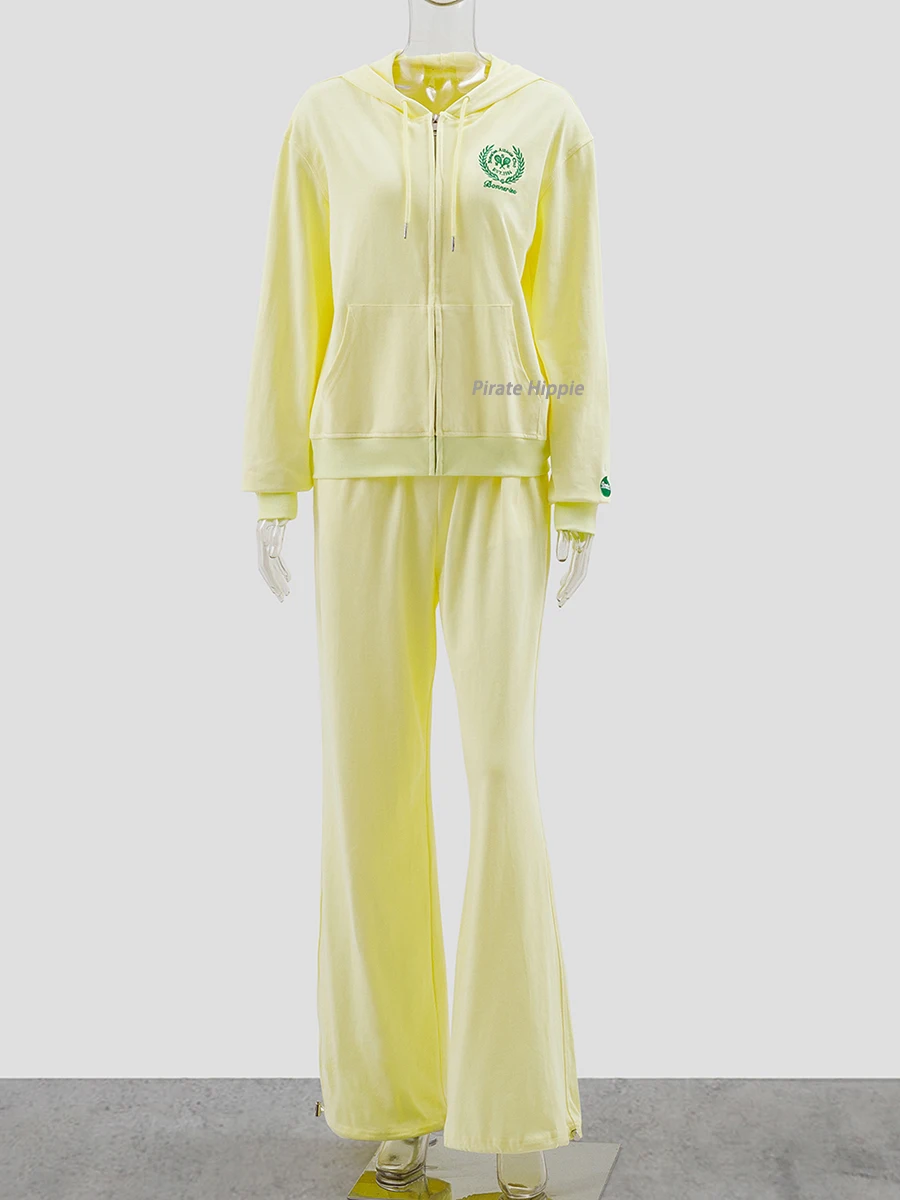 เย็บปักถักร้อย Sweatpants ชุดผู้หญิงแขนยาวซิป Hooded Sweatshirt แฟชั่น Drawstring ขากว้างกางเกงกีฬา 2 ชิ้นชุด