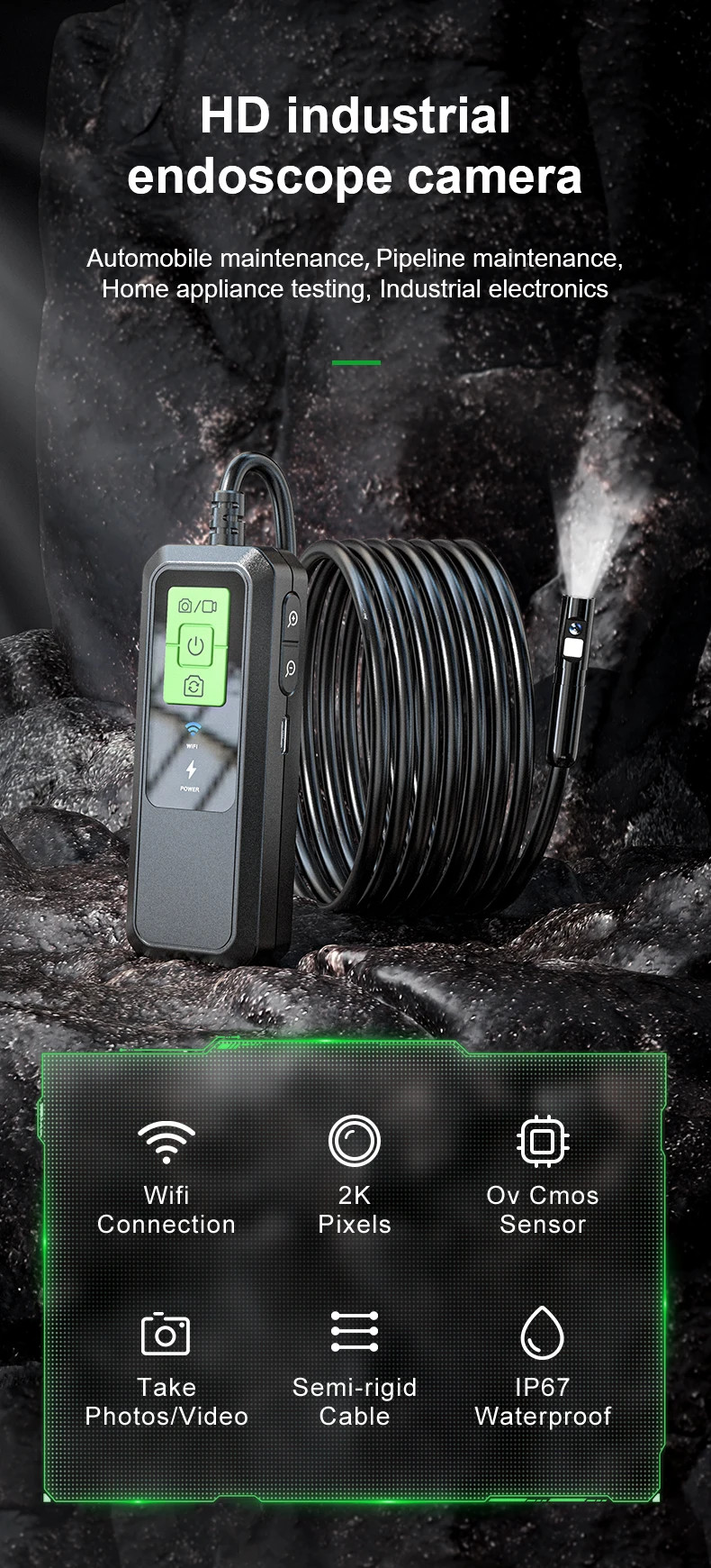 2K HD Industrial Endoscope Single Dual WiFi Borescope Inspection Camera IP67 Waterproof Pipeline Borescope For iPhone Android