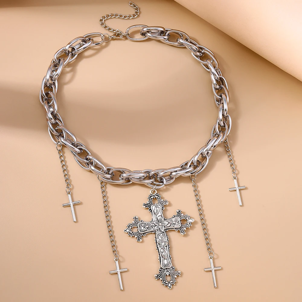 Aihua Goth Streetwear Grunge Big Cross Anhänger Halsketten für Frauen Männer Hals Kette Indie Schmuck Auf Den Hals E Mädchen Halsband – Detail 6
