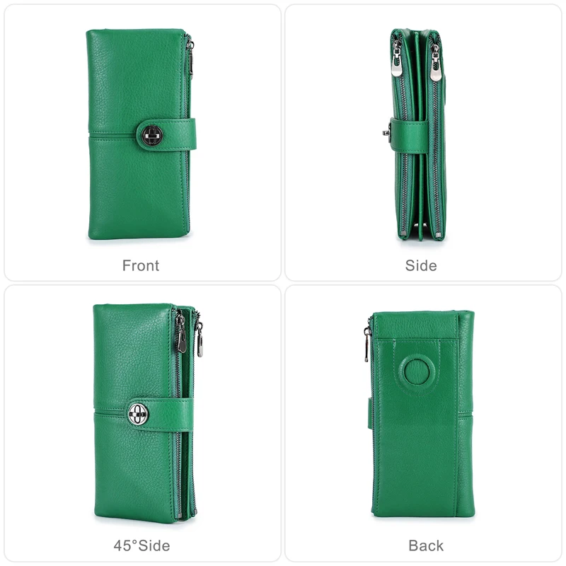 Contact'S Genuine Leather Long Wallet Women Green Zipper Phone Pocket Purse Money Bag with AirTag Slot Female Clutch Wallets