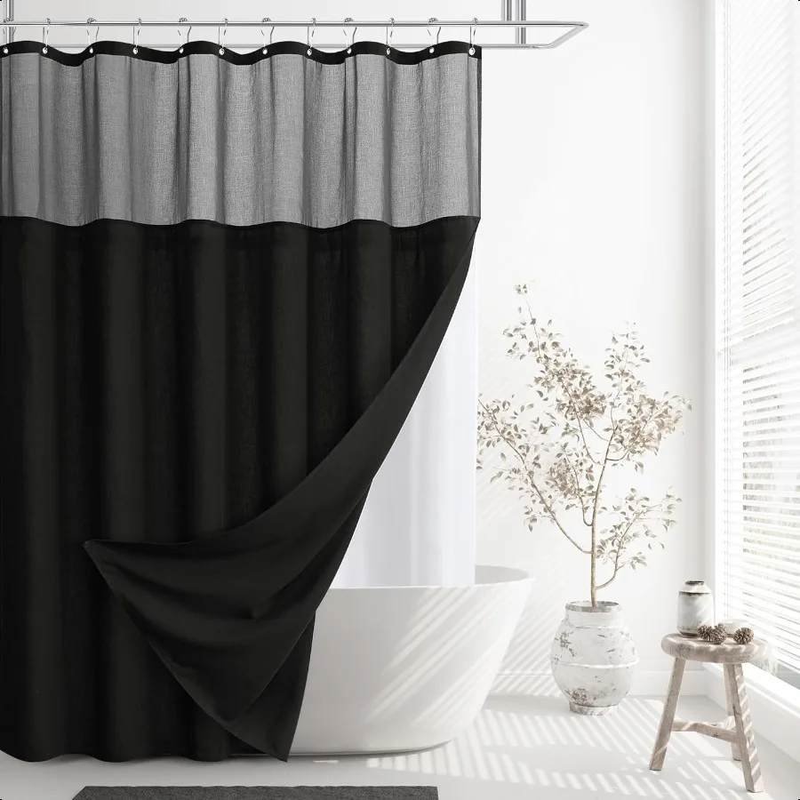 

Black Linen Shower Curtain with Snap in Liner Set and Hooks Rustic Style Modern Farmhouse Shower Curtain Heavy Duty Burlap Clot