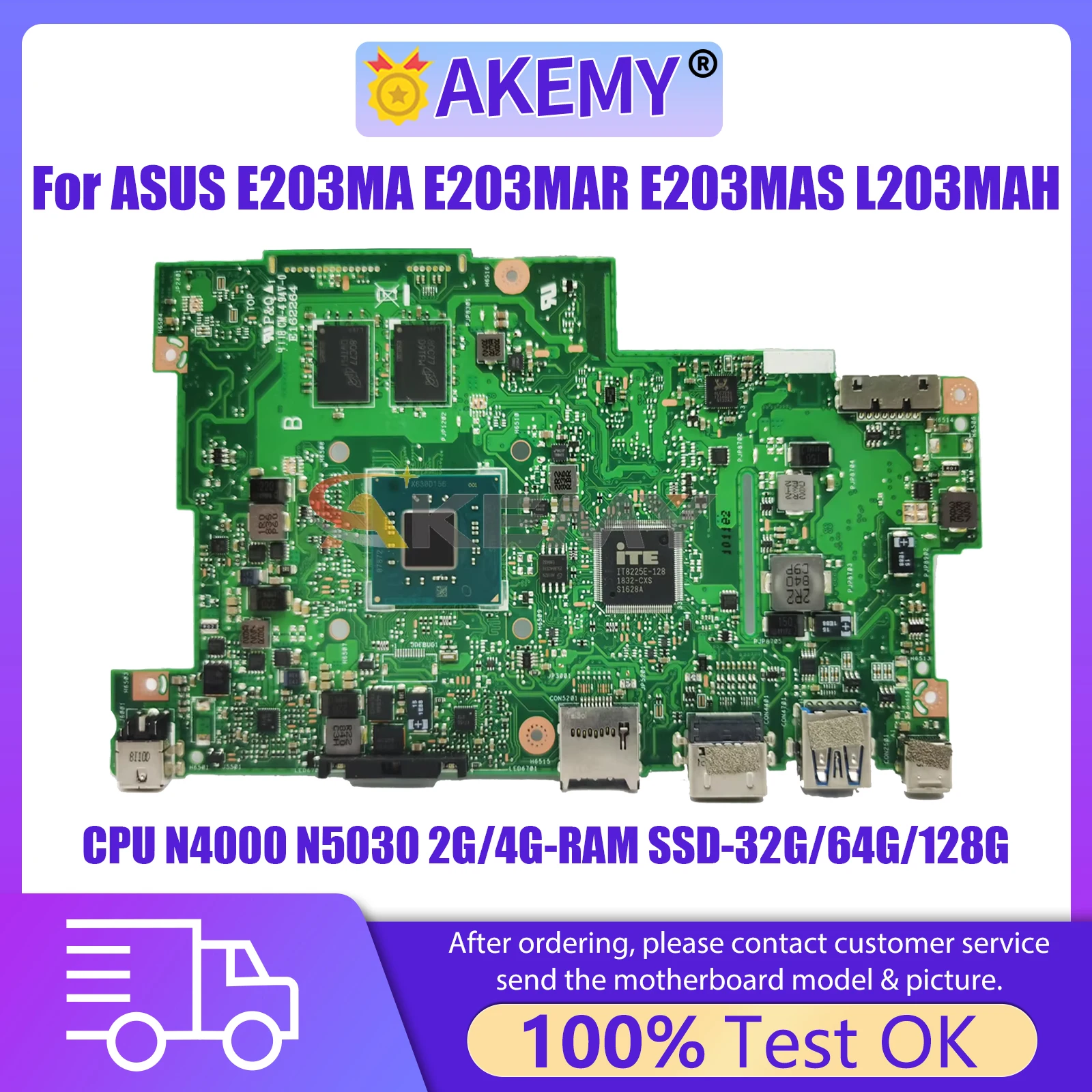 AKEMY E203MA Laptop Motherboard For ASUS E203MAS L203MAH E203MAH E203MAR Mainboard N4000 N5000 N5030 2G/4G-RAM SSD-32G/64G/128G