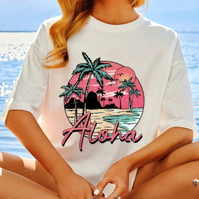 Y2k Short Sleeves Summer Loose T-shirt Aloha Hawaii Beach Sunset Scenery Tops Cool Oversized Breathable Tee Shirtcasual Cotton