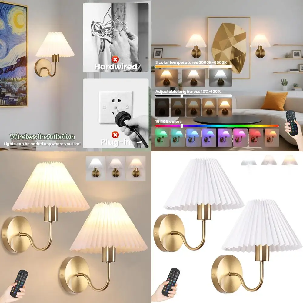 

2-Piece Rechargeable LED Wall Sconces with Remote, Dimmable Pleated Shades, Brushed Brass Finish, 15 Color Options for Bathroom,