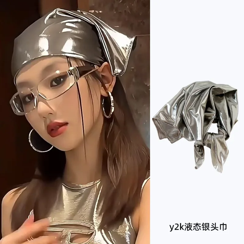 Silver Y2K Scarf Head Wrap Waist Belt Hip Hop Bandana for Women Elastic Tube Turban with Metallic Shine Streetwear Accessory view 4