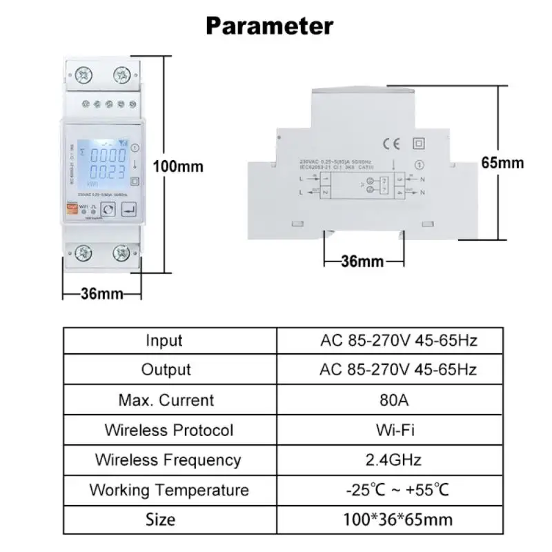 Tuya WiFi / ZigBee Energy Meter Single Phase 80A Din Rail Power Monitor KWh Wattmeter Voltmeter Ampermeter Via ZigBee Gateway