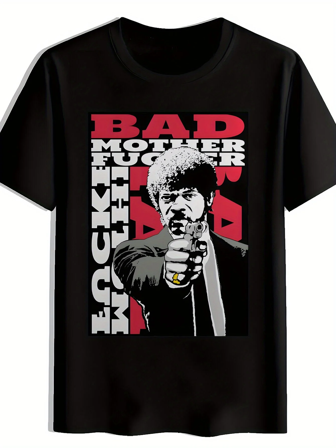 

Мужская черная повседневная футболка с жирным принтом «BAD MOTHER» — короткий рукав, круглый вырез, полиэстер, летний модный топ