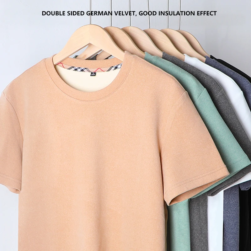 Dubbelzijdig Fluwelen Heren T-Shirt Met Korte Mouwen Binnenlaag Geborsteld Warme Onderlaag, Binnenlaag Pluche High-End Warm Ondergoed