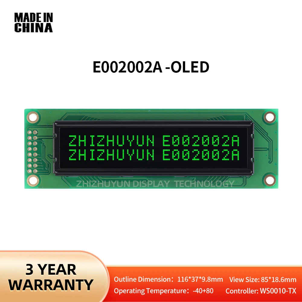 Módulo de exibição de caracteres de baixa temperatura cristal líquido, fundo preto com letras verdes, LCD2002, 16PIN porta paralela, OLED2002