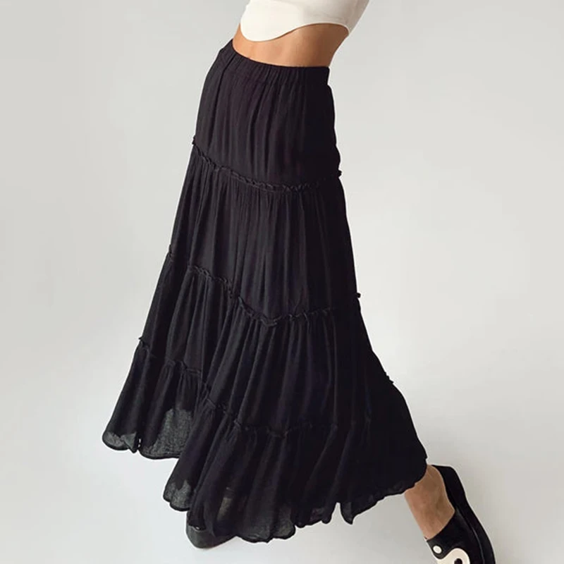 Vintage Grunge Edible Tree Fungus High Waist Long Skirt 2000s Retro Fairy Core Pleated Maxi Skirt Women Y2K Cottage Streetwear