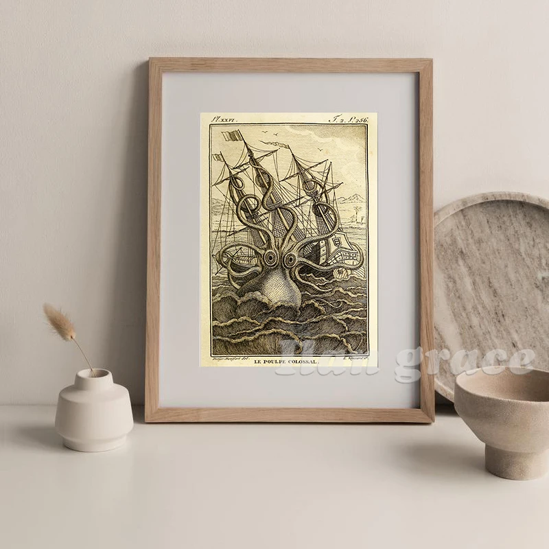 ديكور حائط أخطبوط كلاسيكي ، ملصق حمام مطبخ قديم ، فن منزل شاطئ البحيرة ، لوحة قماشية لديكور الغرفة القوطية ، 1 *