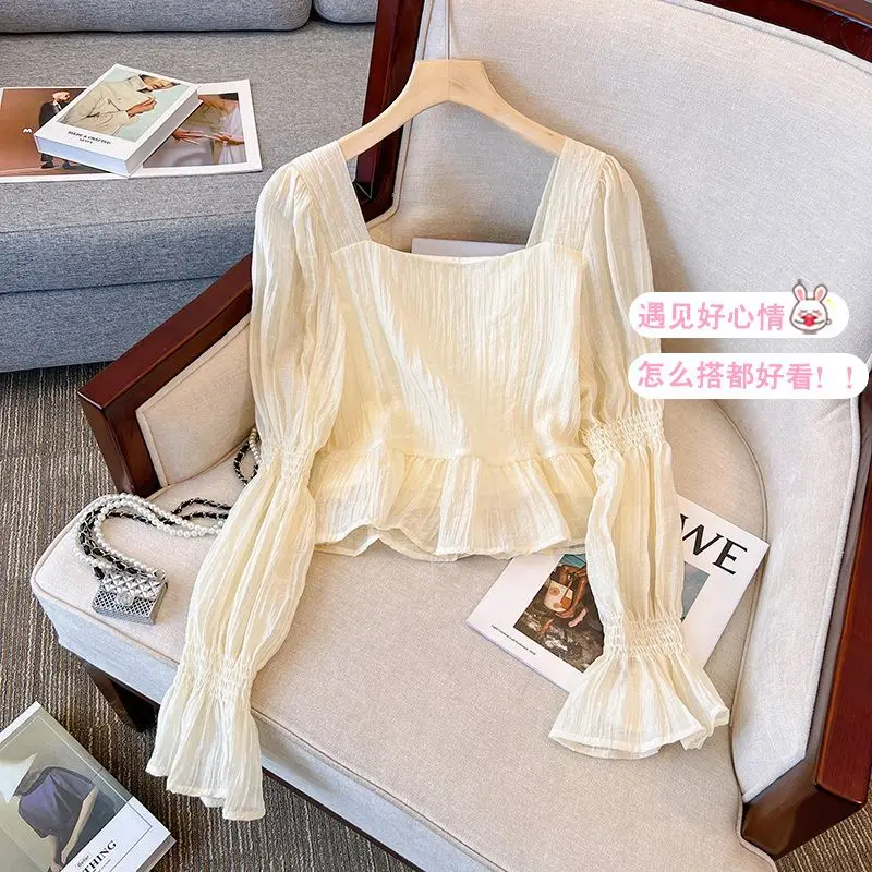 Autumn New Sweet French Design Sense Short Ruffled Chiffon Shirt with Feminine Temperament Lantern Sleeve Top