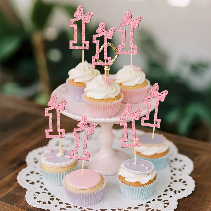 YOMDID 24 Stück Cupcake-Topper zum 1. Geburtstag, glitzernde 1. Geburtstags-Kuchenaufsätze mit Schleifendekoration für Valentinstag-Dekoration – Detail 11