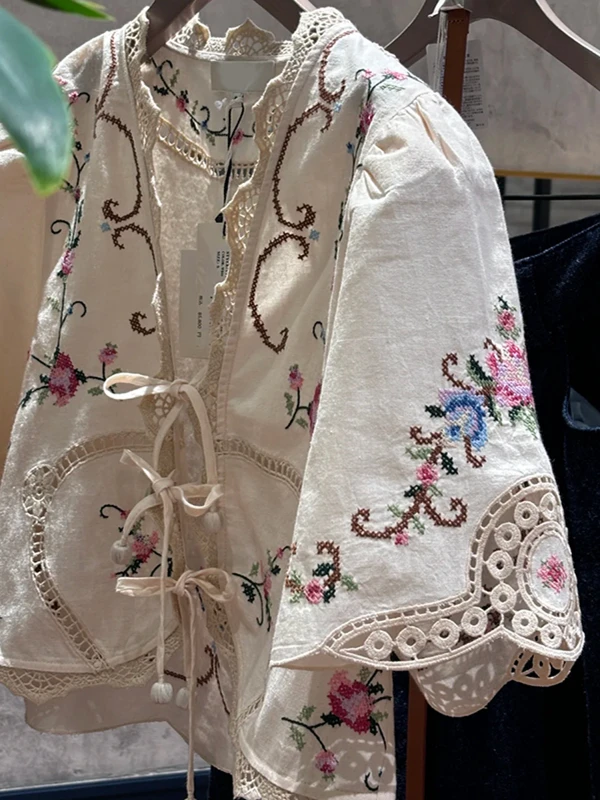 

Heavy-Embroidery Cross-Stitch Hollow-Out Belted Top-Plus-Skirt Set Cotton Long-Sve Round-Ne Autumn-Winter Faion Ensemble