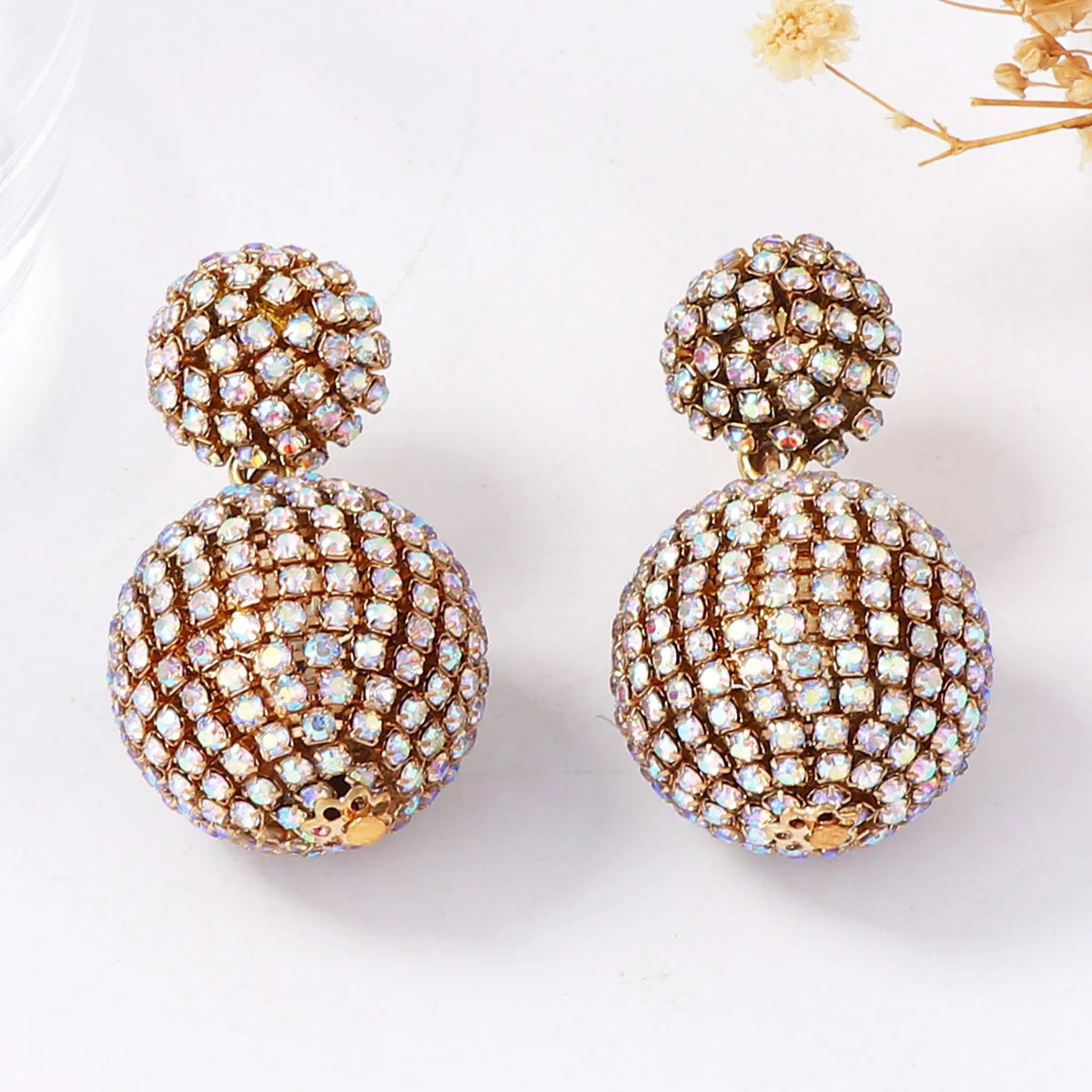 

Luxury Ear Jewelry Accessories Wholesale Geometric Disco Ball Full Iridescent Ab Rhinestone Crystal Drop Earrings for Women
