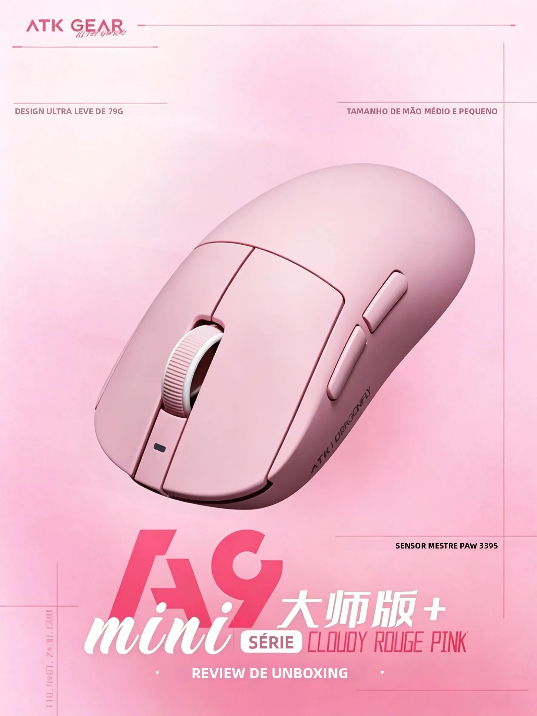 Mouse Gamer Sem Fio ATK A9 Mini Master Plus PAW3955 MASTER 8K Tri-Mode, Ultra Leve 39g, Nordic 54L15 para E-sports