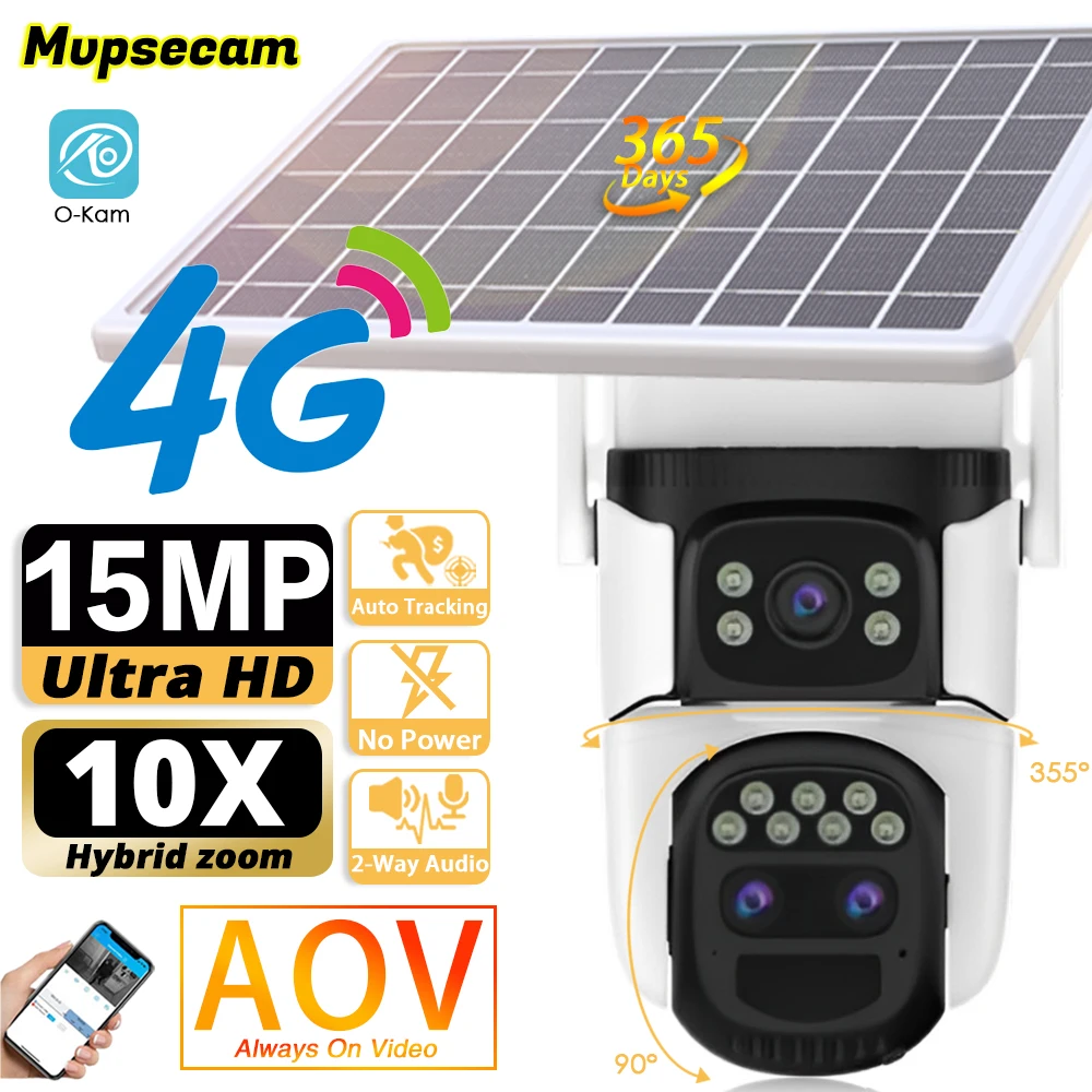 15MP Three Lens 4G Sim Solar Camera With Panel Outdoor Wirel Surveillance 360 PTZ 10X Zoom Battery Camera AOV PIR Detection