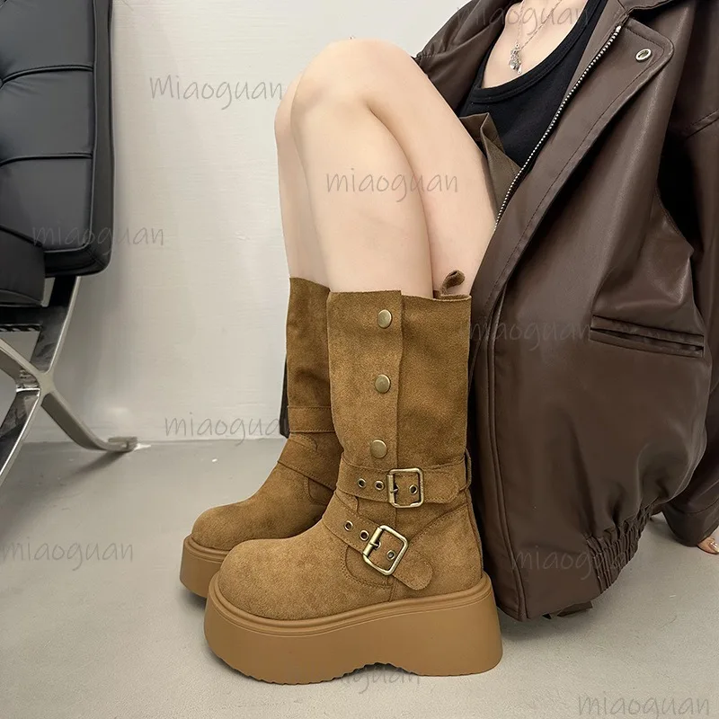 Botas Vintage de tacón grueso sin cordones para mujer, zapatos con hebilla de cinturón a la moda, botas modernas de media pantorrilla para Otoño e Invierno, botas para mujer 35 40