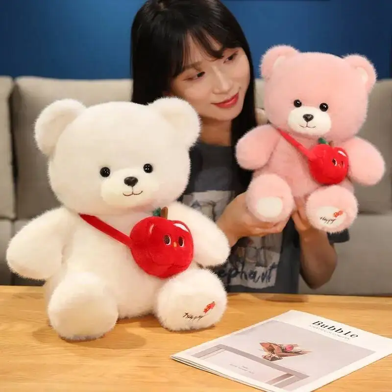 

Happy Apple Little Bear Plush Toys High Quality Fluffy Cartoon Fruit Crossbody Bag Bear Doll Warm Cozy Children Appease Doll