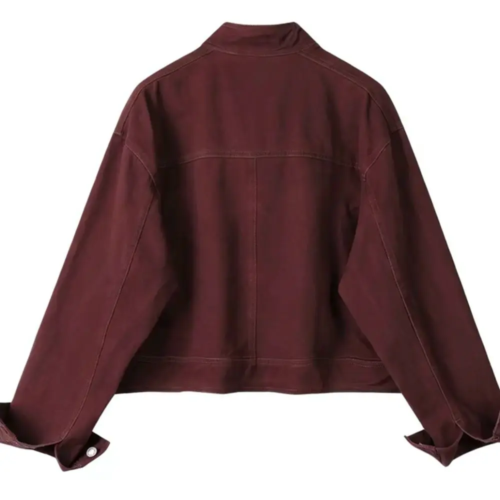 Short Denim Jacket Women Stand Neck Korean Style Outerwear Fall Casual Slim Fit Long Sleeve Fashion Trendy Clothes