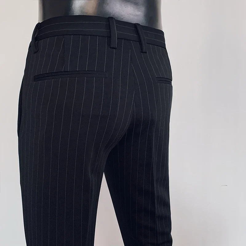 Men Black Striped Suit Pants 2024 Spring New Formal Dress Pants Stretch Slim Straight Boutique Trousers Fashion Men\'s Clothing