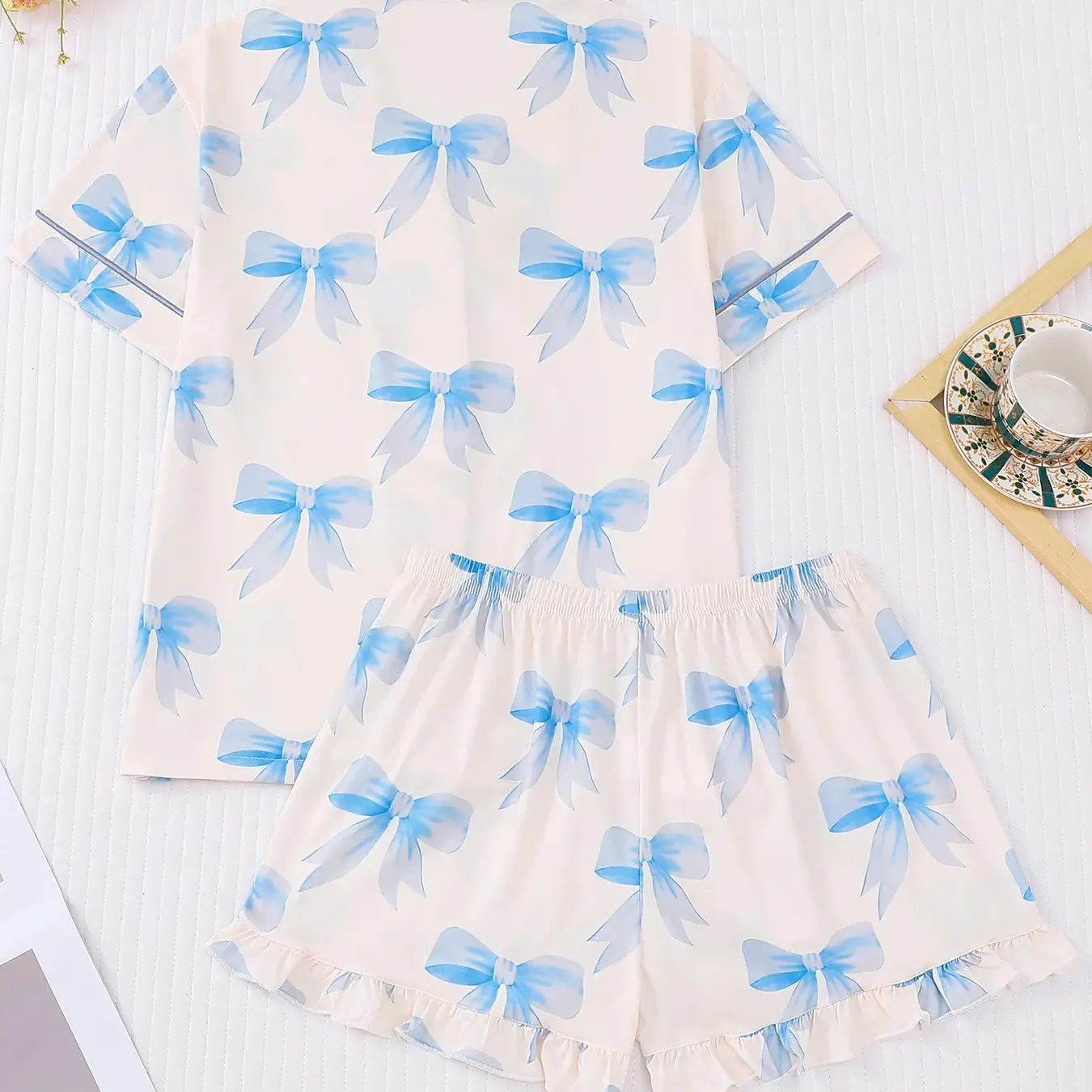 Fresh Blue Bow Element Sleepwear Summer Loose Short-Sleeved + Ruffle Edge Shorts Skin Friendly Breathable Two-Piece Set