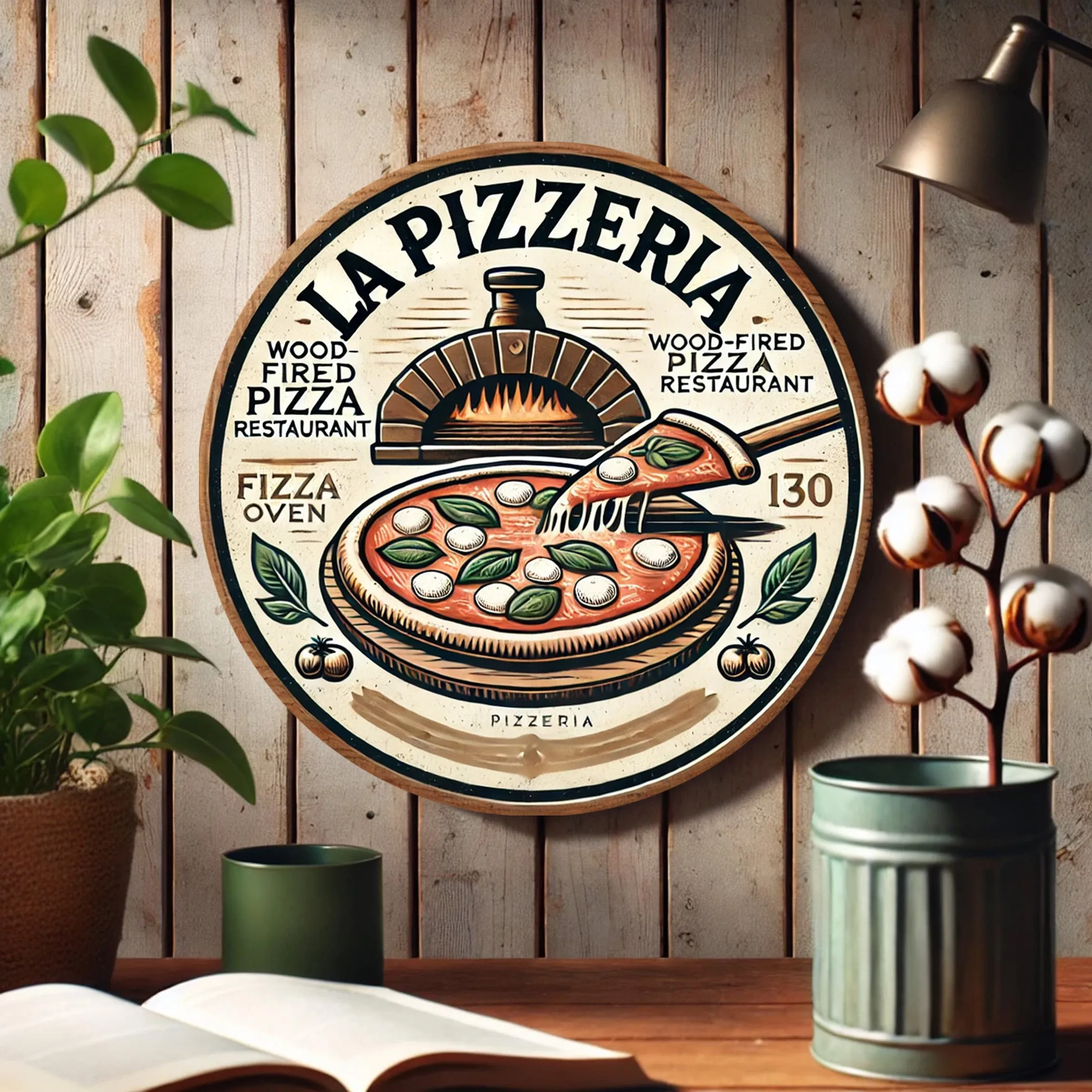 2D Flat, 1pc La Pizzeria Round Metal Pizza Sign Rustic Wood-Fired Pizza Art Wall Decor, Vintage Kitchen Sign with Pre-Drilled