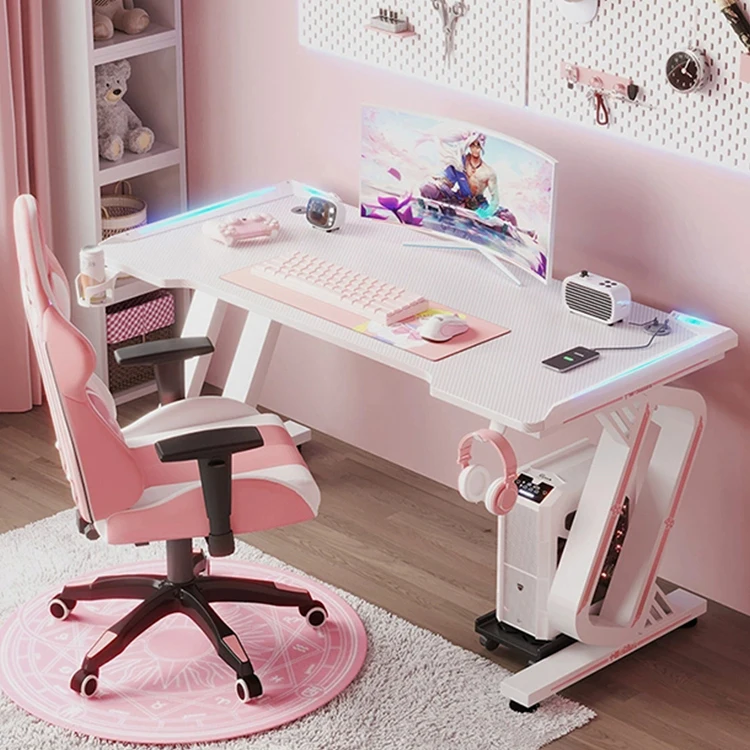 

Popular pink Computer Table Desk Pc Gaming Desk Z Shaped Gamer Workstation with Wood Carbon Fiber Surface Cup Holder