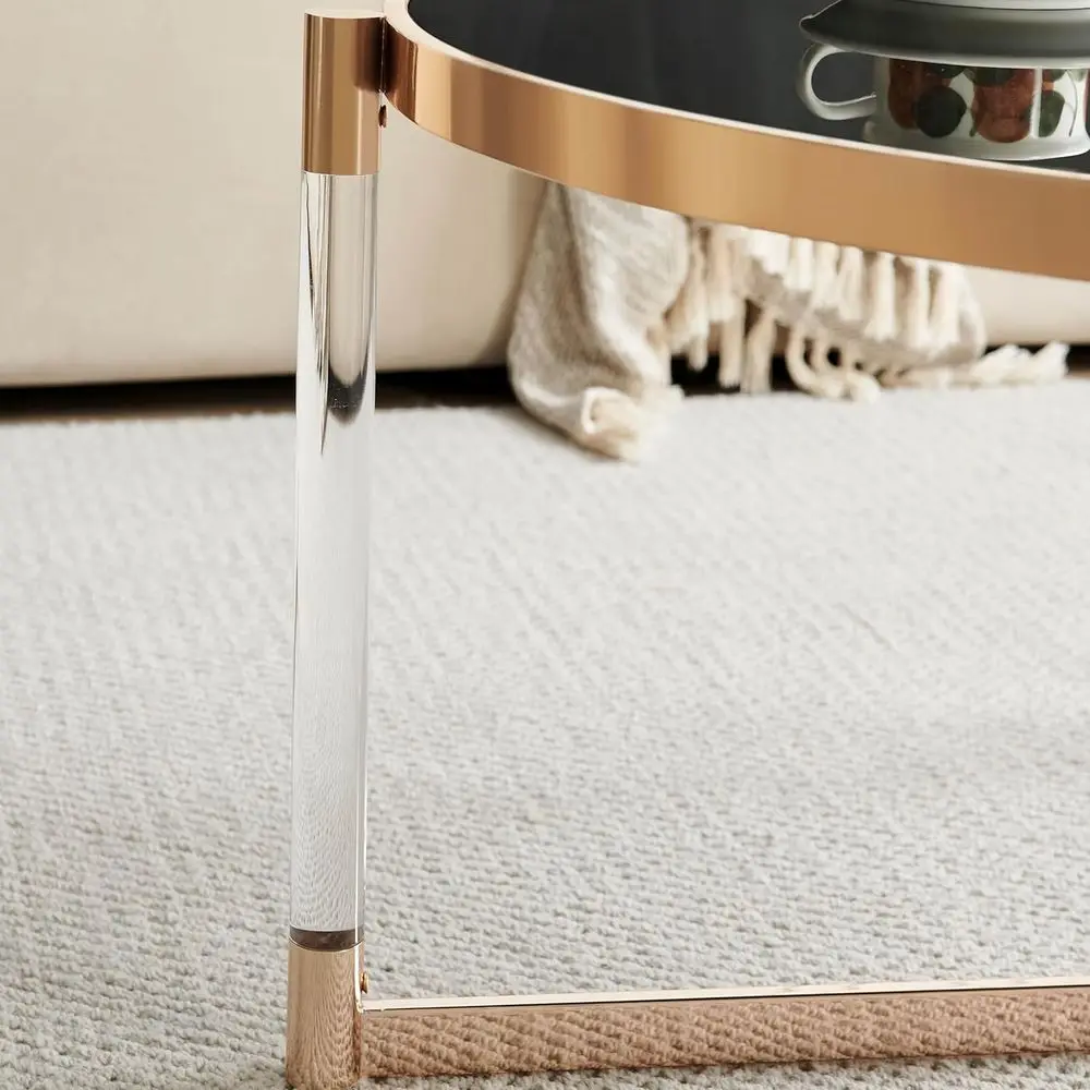 Modern Clear Acrylic Coffee Table with Black Glass Surface and Glossy Gold Frame