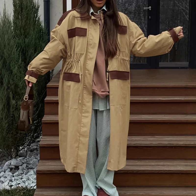 

Куртка с лацканами с цветными блоками, длинный плащ цвета хаки в стиле старых денег, женский элегантный темперамент