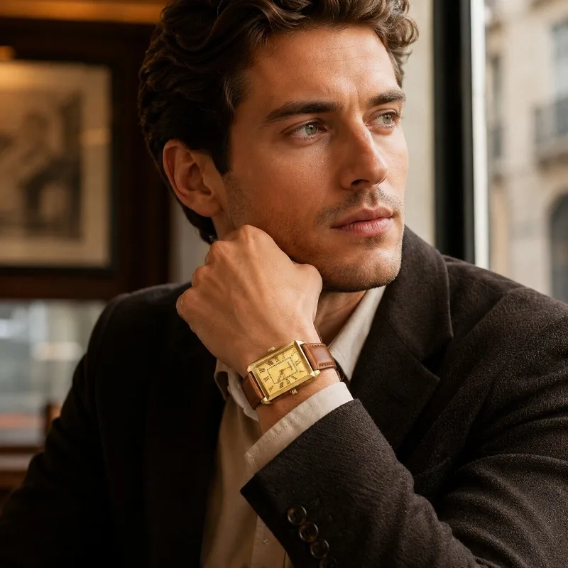 Luxury Men's Watch Vintage Gold Roman Number Dial Leather Strap Quartz Watch for Man Business Casual Male Watch Clock Gift