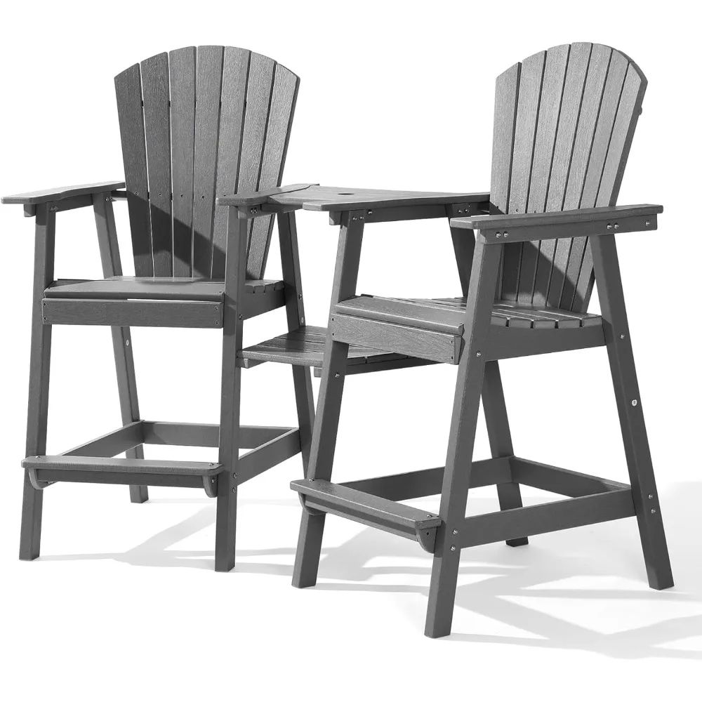 Tall Adirondack Chair Set of 2 with Removable Double Connecting Trays, Recycled HDPE with Wood Grain, Weather Resistant