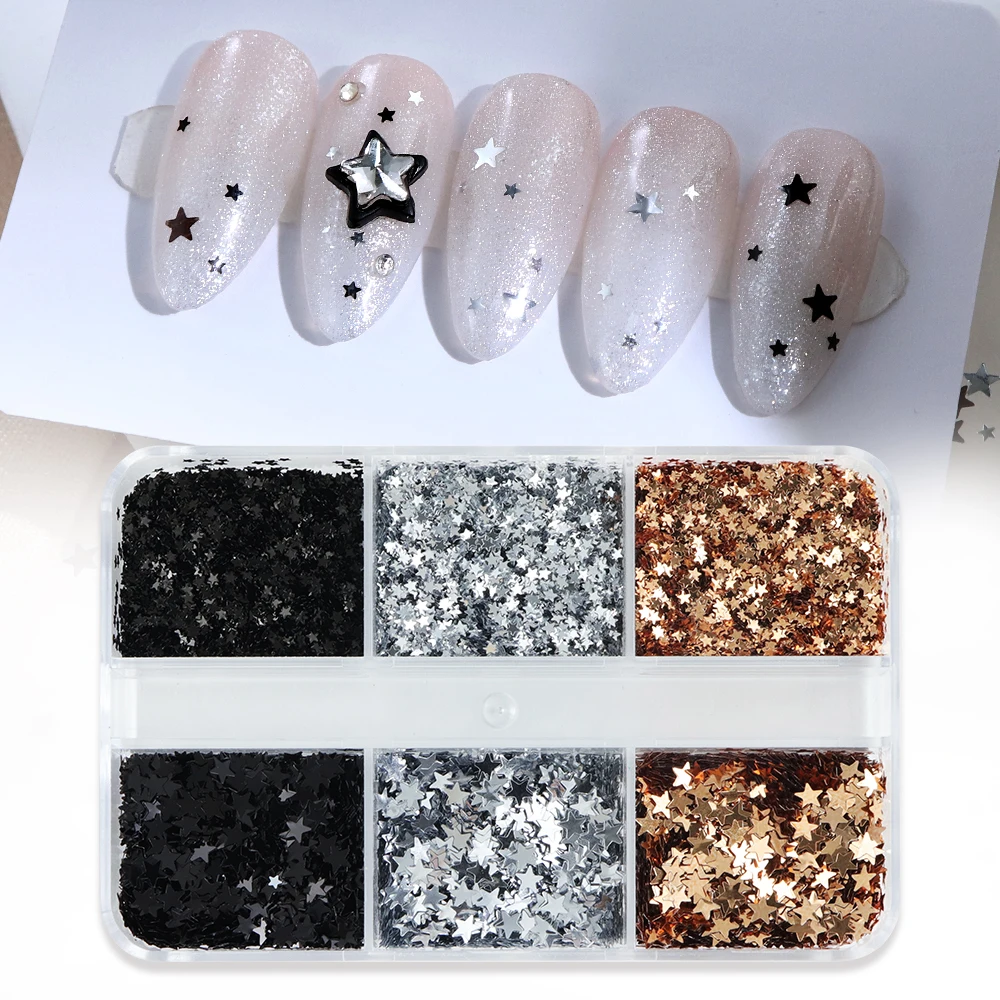 Estrelas prateadas douradas lantejoulas diy acessórios de manicure 1mm 3mm estrela de cinco pontas decorações de unhas flocos brilhantes suprimentos de joias para unhas