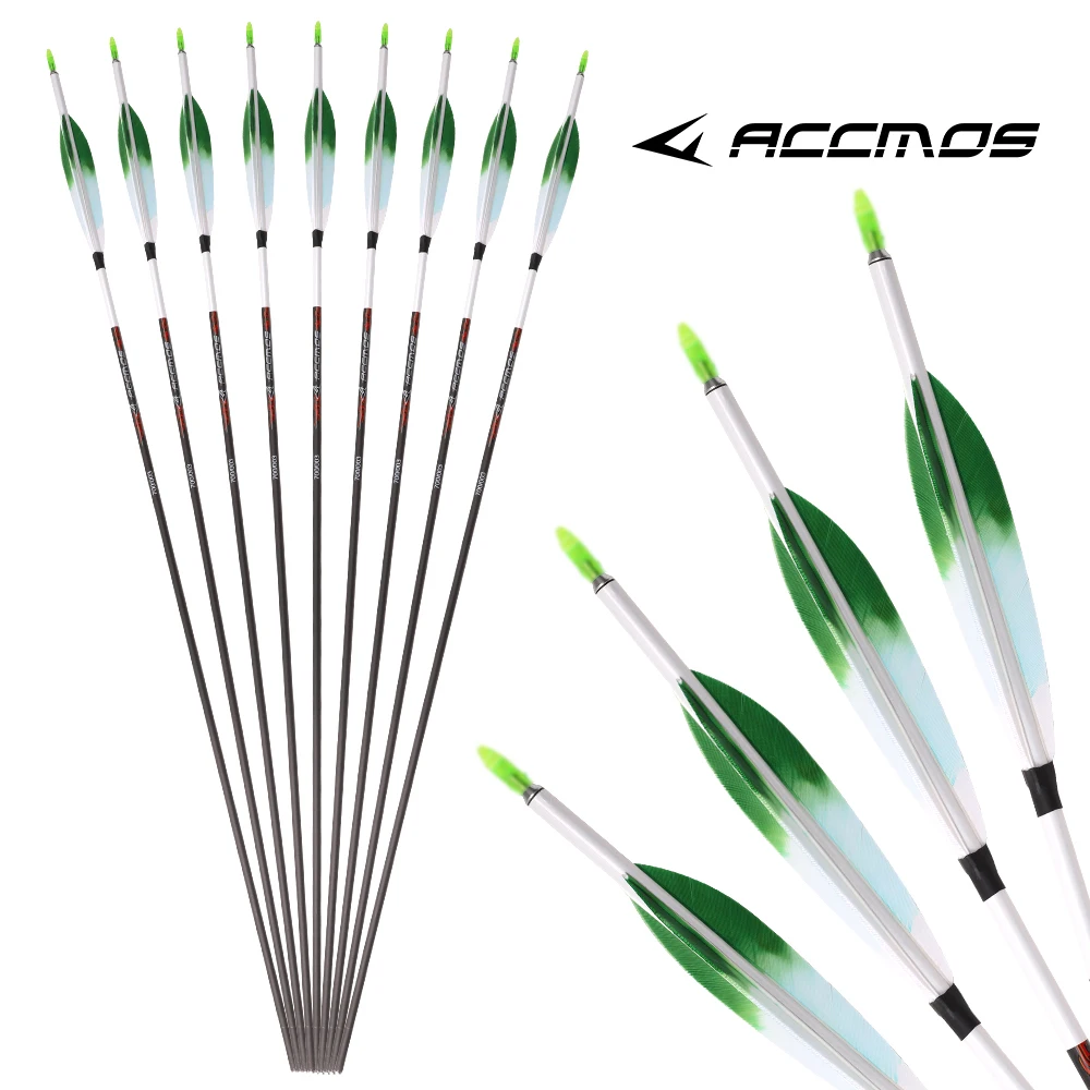 ID 6.2mm 6/12개입 양궁용 순수 카본 화살 스파인 200 250 300 400 500 600 700 800 샤프트 스티커 포함 5인치 그라데이션 깃털
