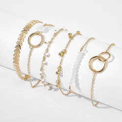 6 PCS Different Style Bracelet Leaf Gold/White Bead Charm Gold/Silver Color Chain Bracelet Women's Elegant Stackable Jewelry