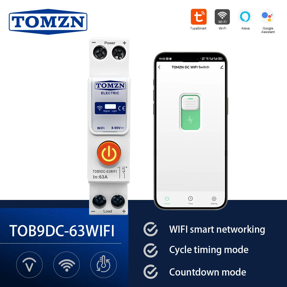 TOMZN DC WIFI Smart Circuit Breaker Tuya Smartlife Cycle Timer 8-90V 63A Switching Power Supply 1P Relay Status Countdown