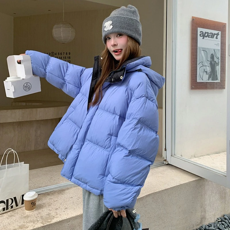 2025 شتاء جديد مقنعين أسفل سترة المرأة نمط قصير موضة عادية فضفاض وسميك الخبز الدافئ 90 الأبيض بطة أسفل معطف #4