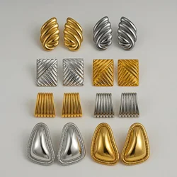 Vintage Stainless Steel Trapezoid Square Wing Geometric Stud Earrings for Women 18k Gold Plated Striped Pleated Texture Jewelry