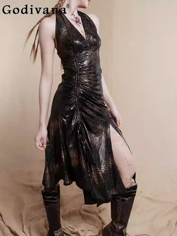 Spring Summer New Sexy Girls Drawstring Irregular Split Dress Fashion Retro Leopard Print High Waist A-line Halter Neck Dress