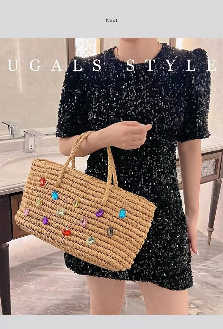 

Summer Large Capacity Women's Handbag Straw Woven Handmade Bucket Bag Shiny Rhinestone Diamond Shoulder Bag Holiday Beach Bag