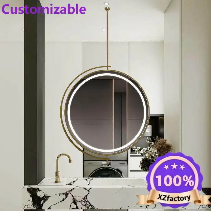 Factory Direct 2026 Rotatable Hanging Mirror Light Luxury Bathroom Wash Table Round Stainless Steel Dresser Hanger Intelligent L