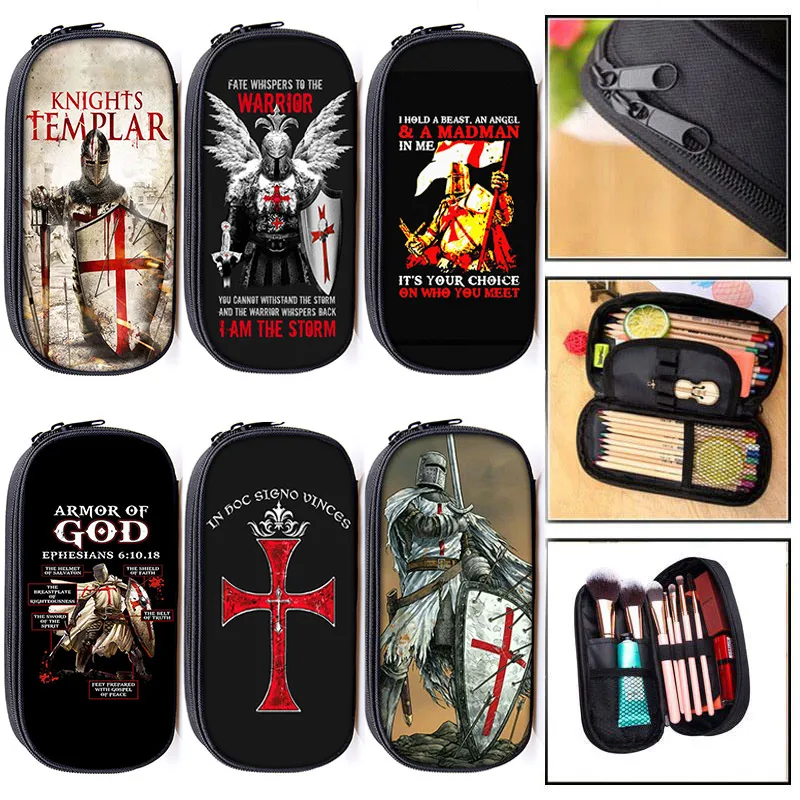 

Crusader Knights Templar Print Pencil Bag Teenagers Boys Girls Cosmetic Cases Distressed Cross Pencil Box School Stationery Bag