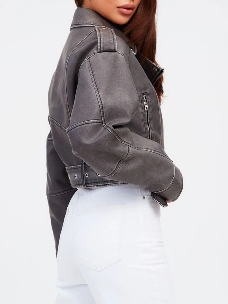 Ailegogo Vintage Women Short Grey Pu Faux Leather Jacket Streetwear Female Spring Autumn Moto Biker Coat Outwear