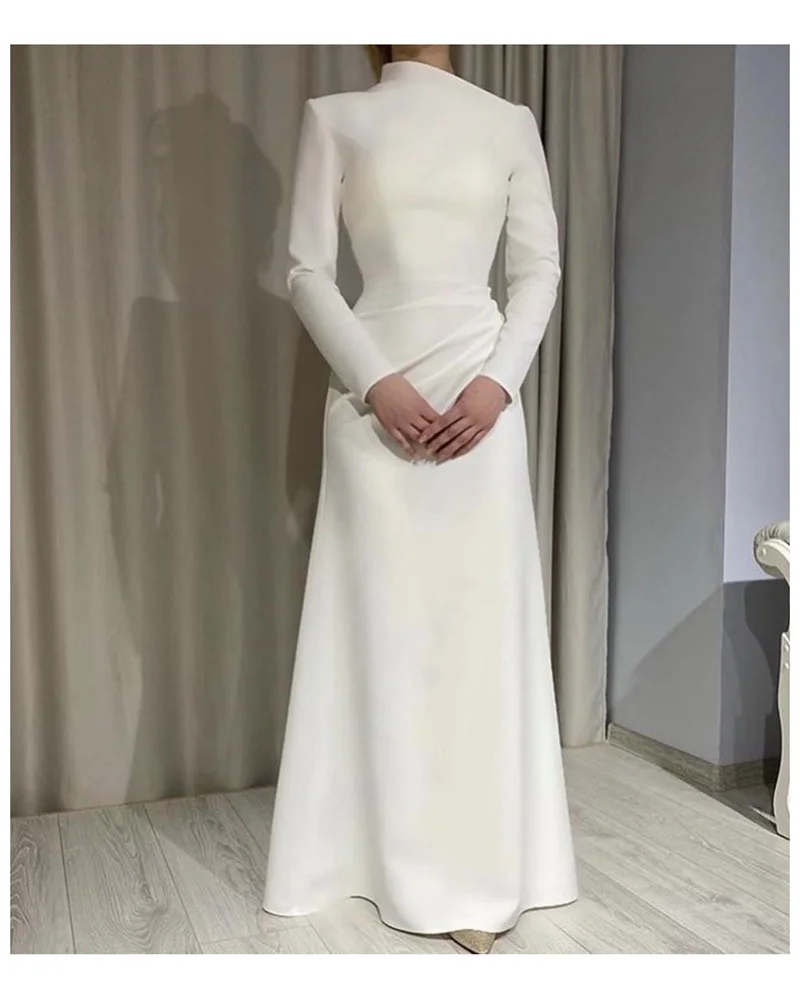 Ivory Satin Mermaid Evening Dresses Arabic Long Sleeve Customized High Neck Formal Dress Maxi Women Evening Prom Gowns vestidos