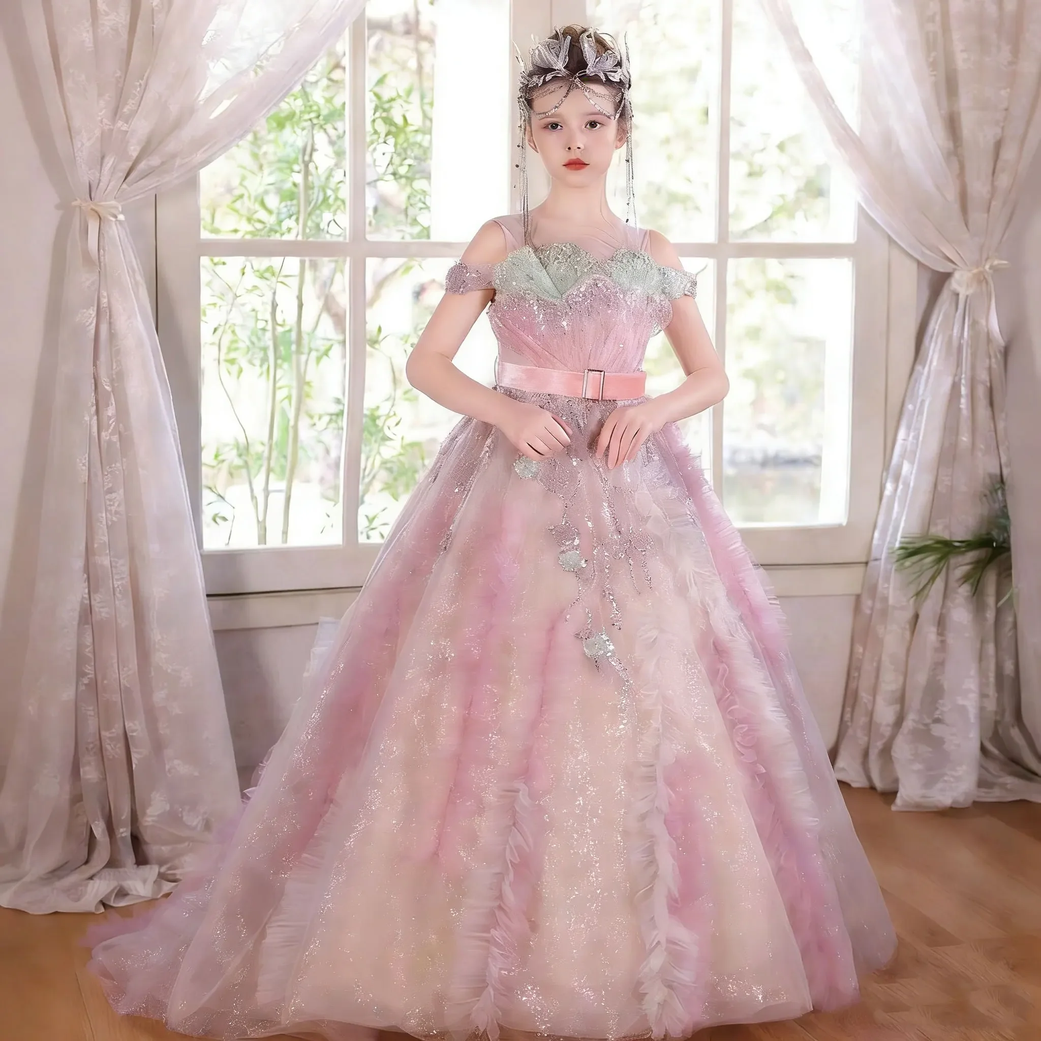 Custom Flower Girl Dress Wedding Gown Birthday Party Pageant Off Shoulder Sequin Tulle Ball Gown With Train فساتين بنات