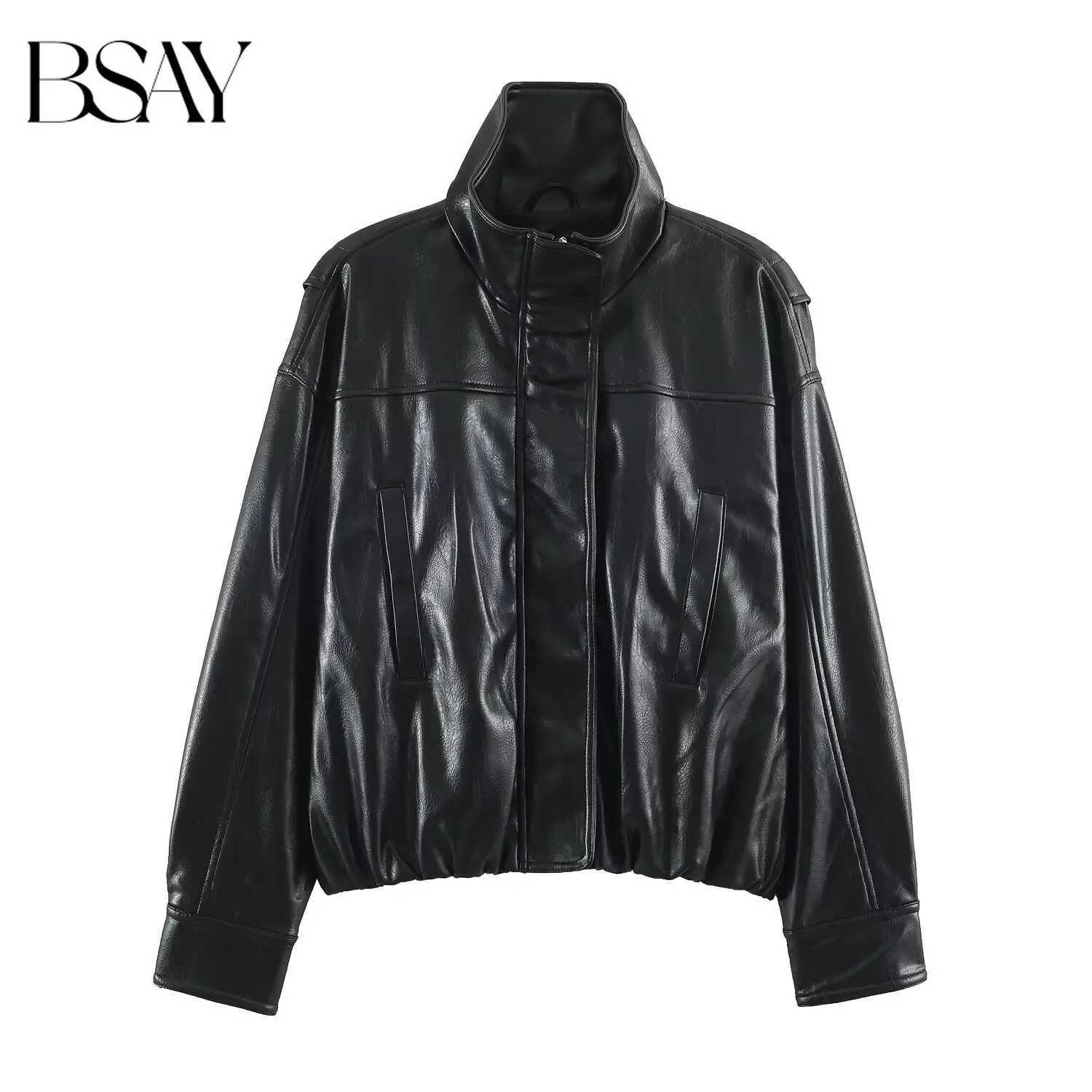 BSAY Fashion Versatile Women Stand Collar Bomber Jacket Zip Up Front Side Insert Pockets Elastic Loose Daily Casual Outerwear
