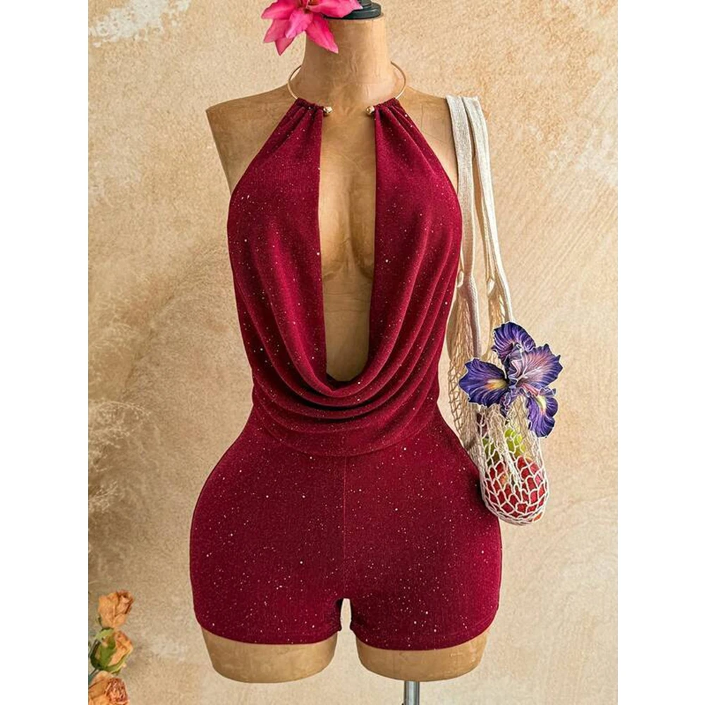 Glitter Draped Halter Romper Backless Tie Back Bodycon Burgundy Party Shorts Jumpsuit