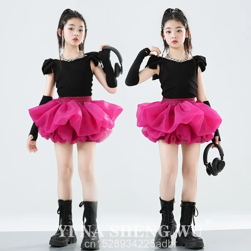 Jazzdanskostuum Zwarte Tops Roze Korte Rok Set Kinderhip Hop Street Dance T-Stage Model Show Mode Kleding Meisjes