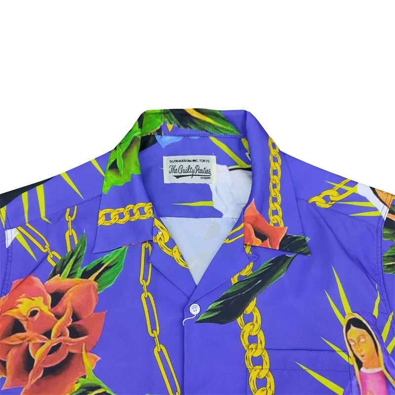 AI Trend WACKO MARIA Flower Chain Character Hawaii Short Sleeve Shirt Loose Casual Mens Womens High-end Colorblocking Shirt Tops