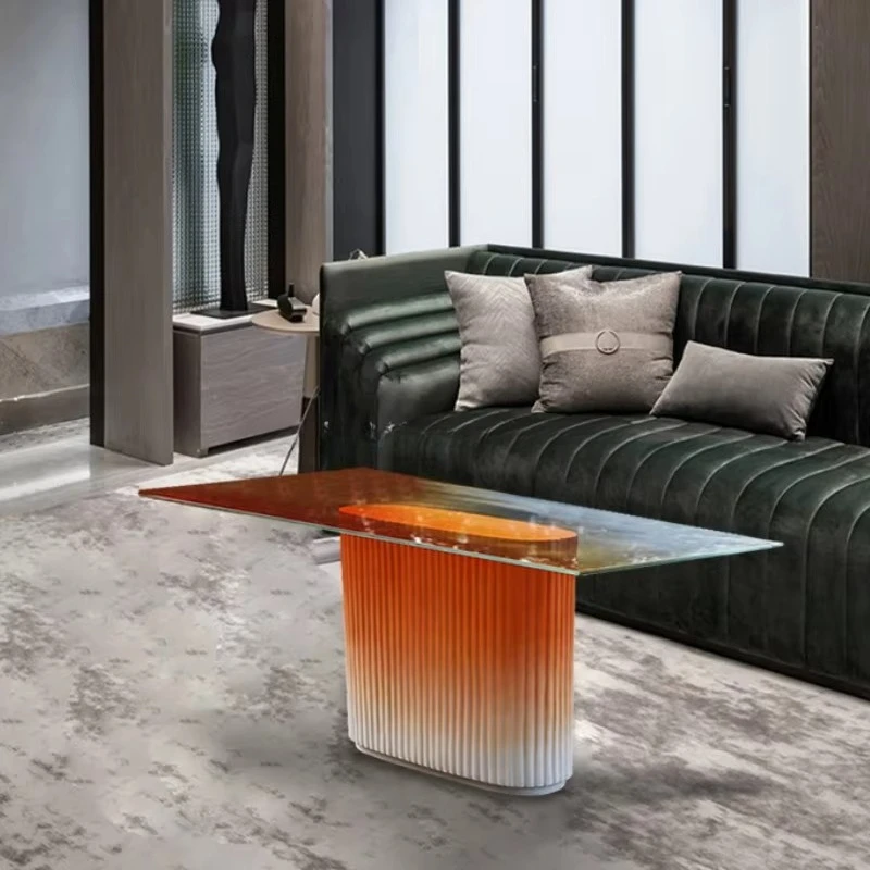

⁕rModern Square Dining Table with Glass Top and FRP Base Orange to White with Ribbed Texture Artistry Table